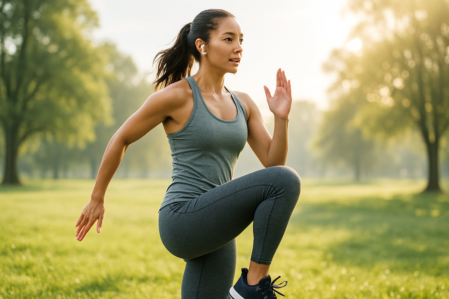 A young woman exercising outdoors in the morning sunlight, stretching and moving energetically in a green natural setting.