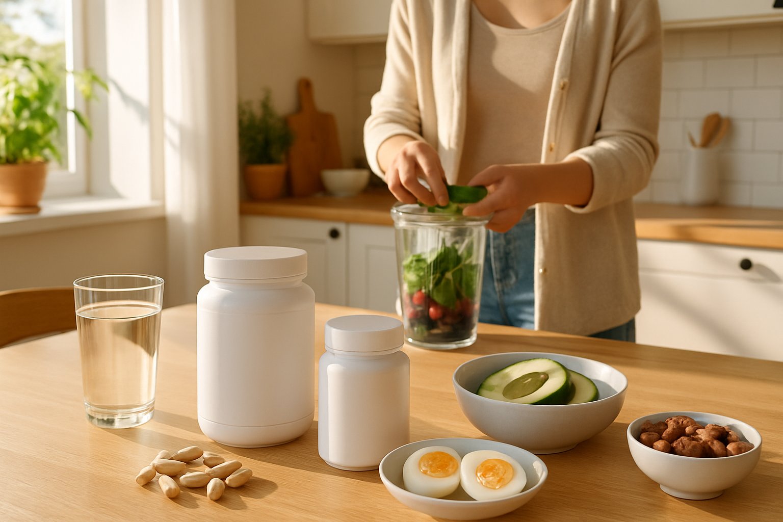 A morning kitchen scene with keto supplements, healthy breakfast foods, and a person preparing a smoothie.