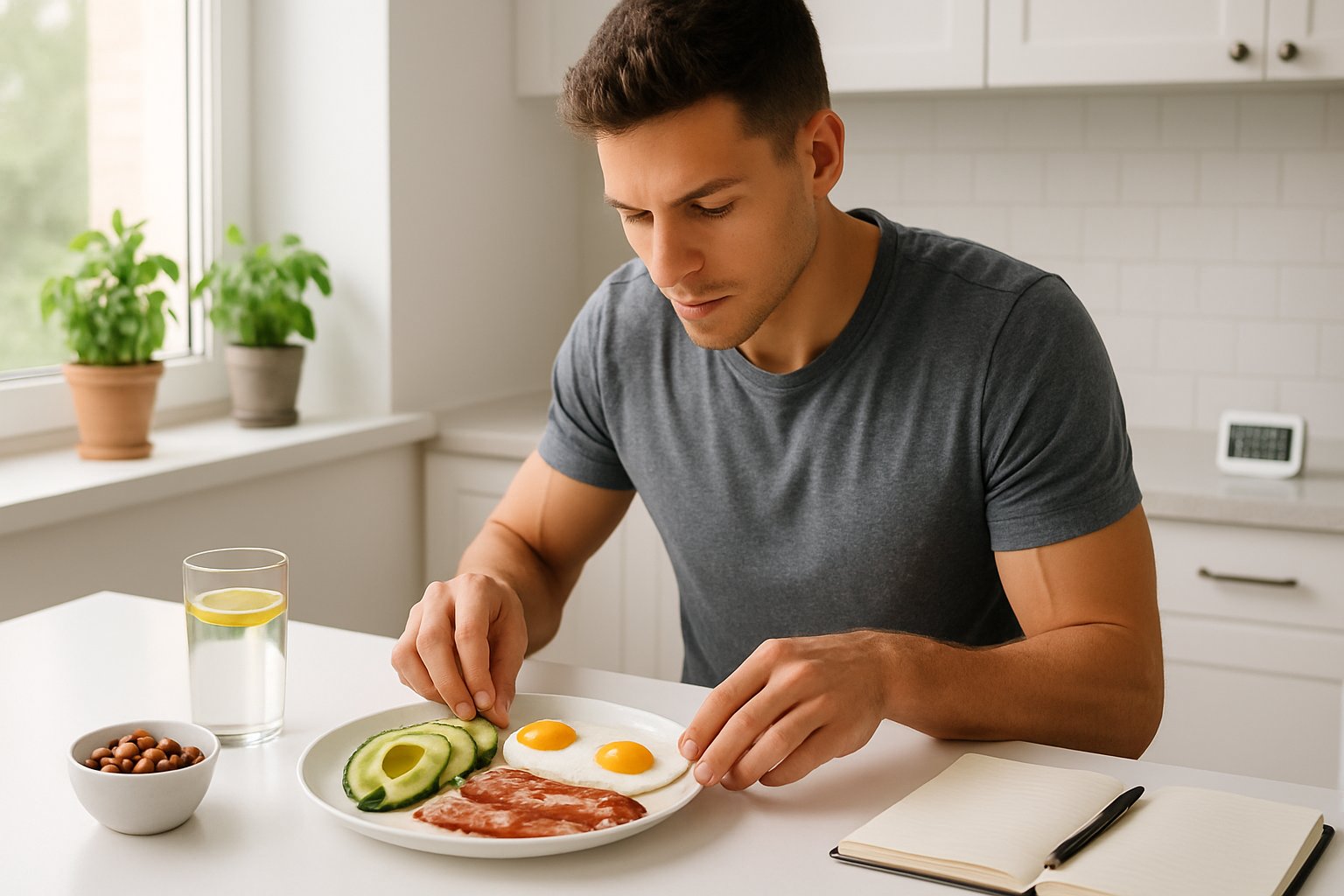 Person preparing a healthy keto breakfast in a bright kitchen with natural light and fresh plants.