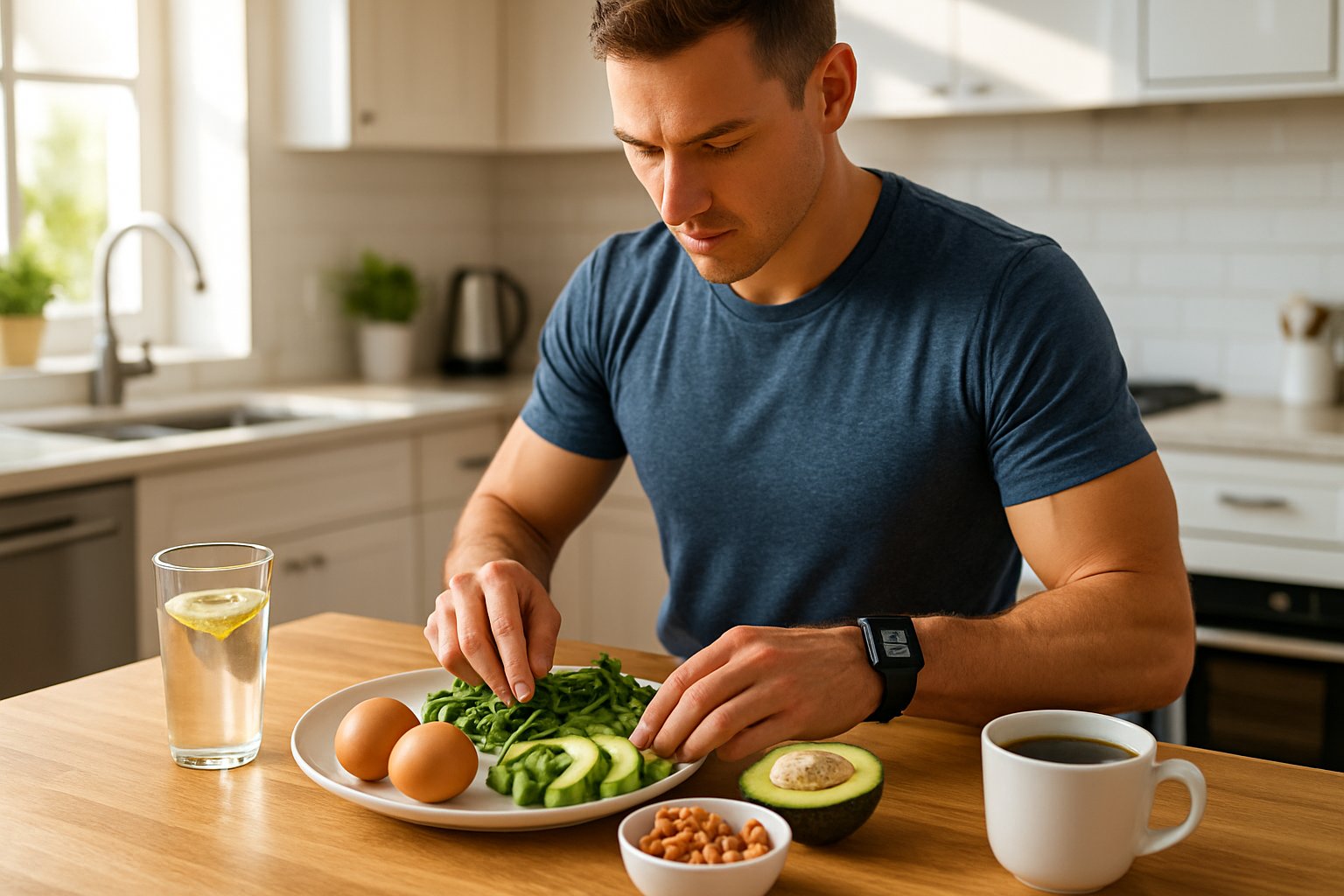 A person preparing a healthy keto breakfast in a bright kitchen with fresh ingredients and morning light.