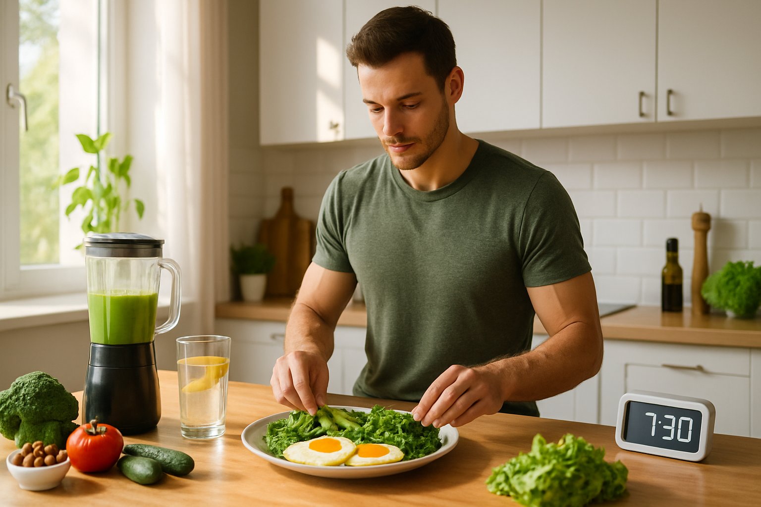 A person preparing a healthy keto breakfast in a bright kitchen with fresh vegetables and a green smoothie on the counter.