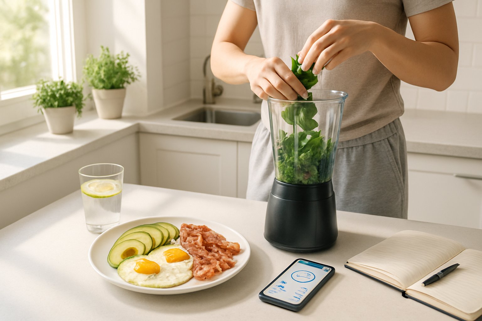 A person preparing a keto breakfast and green smoothie in a bright kitchen with fresh ingredients and a fitness app on a smartphone nearby.