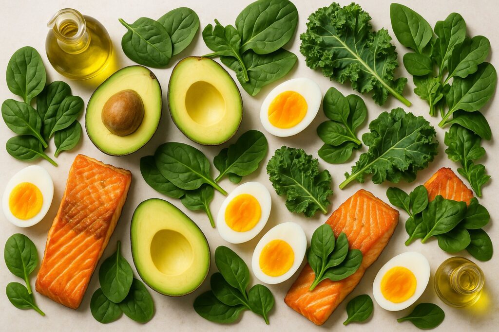 Flat-lay keto food spread with salmon, avocado, eggs, leafy greens, olive oil, bright overhead nutrition photography