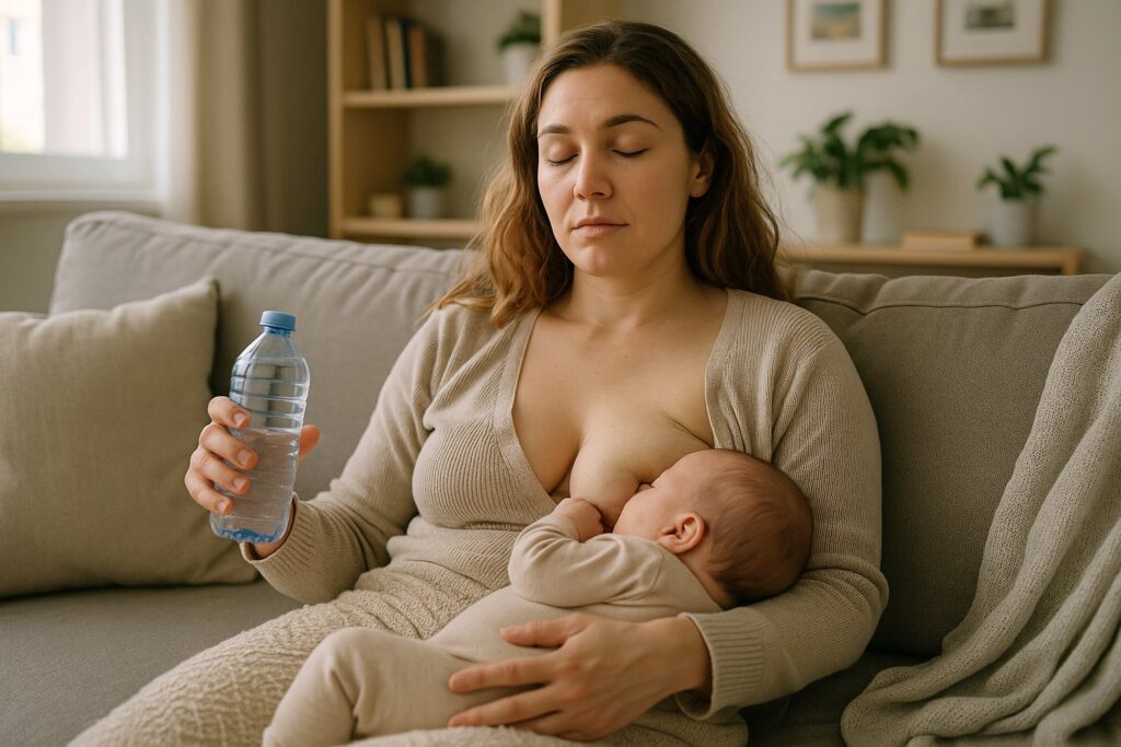Tired but calm breastfeeding mother resting on couch with water bottle, soft natural lighting, realistic home environment