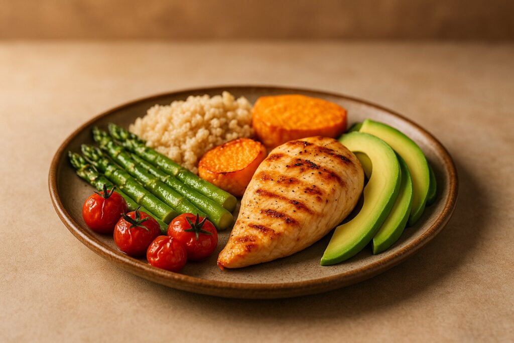 Balanced low-carb meal with moderate carbs and healthy fats on ceramic plate, warm lighting, lifestyle nutrition photo