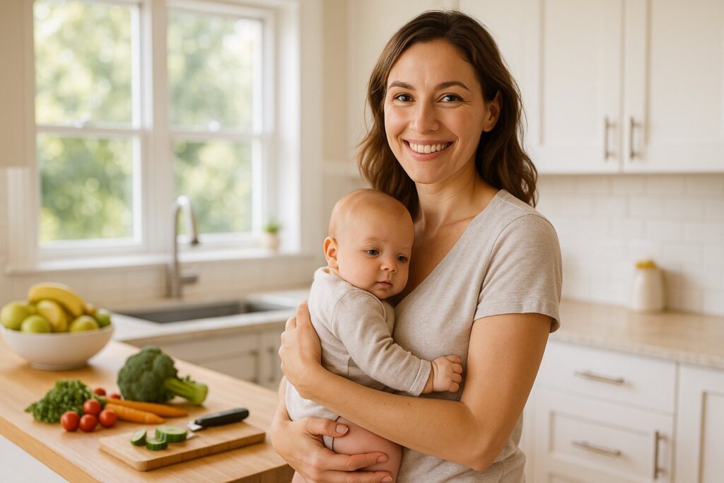 Smiling healthy mother holding baby in sunlit kitchen, preparing food, hopeful and warm lifestyle photography