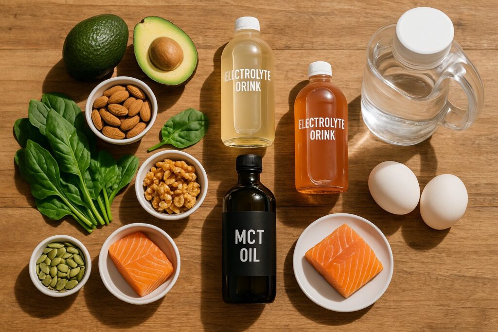 Healthy keto foods, electrolyte drinks, MCT oil bottle, and water jug arranged on a wooden table, bright natural lighting, top-down photography, clean wellness aesthetic