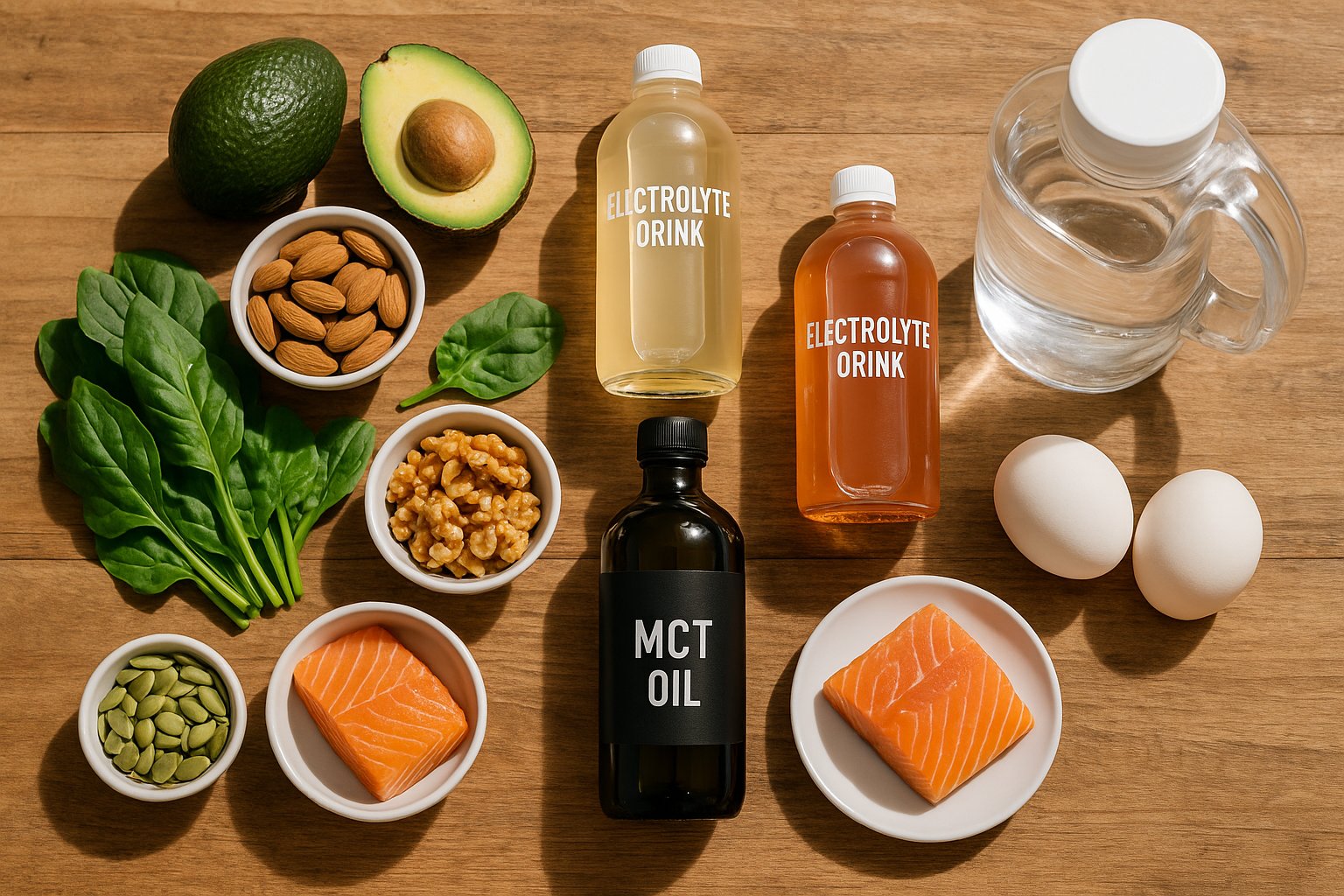 Healthy keto foods, electrolyte drinks, MCT oil bottle, and water jug arranged on a wooden table, bright natural lighting, top-down photography, clean wellness aesthetic