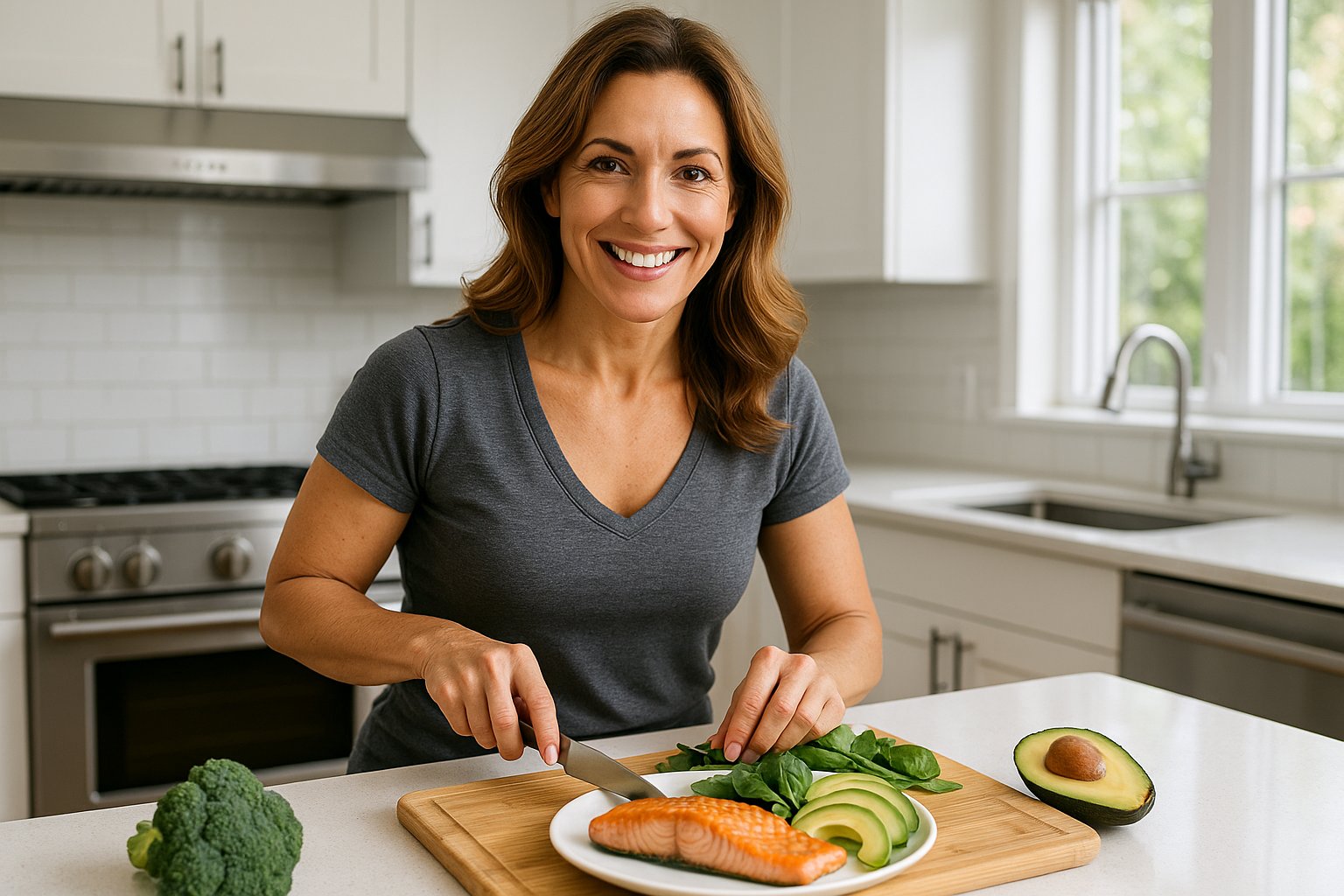 A confident woman in her 40s preparing a keto meal in a bright modern kitchen; balanced meal with healthy fats, greens, salmon, avocado; soft natural lighting; energetic, fresh, empowering health vibe.