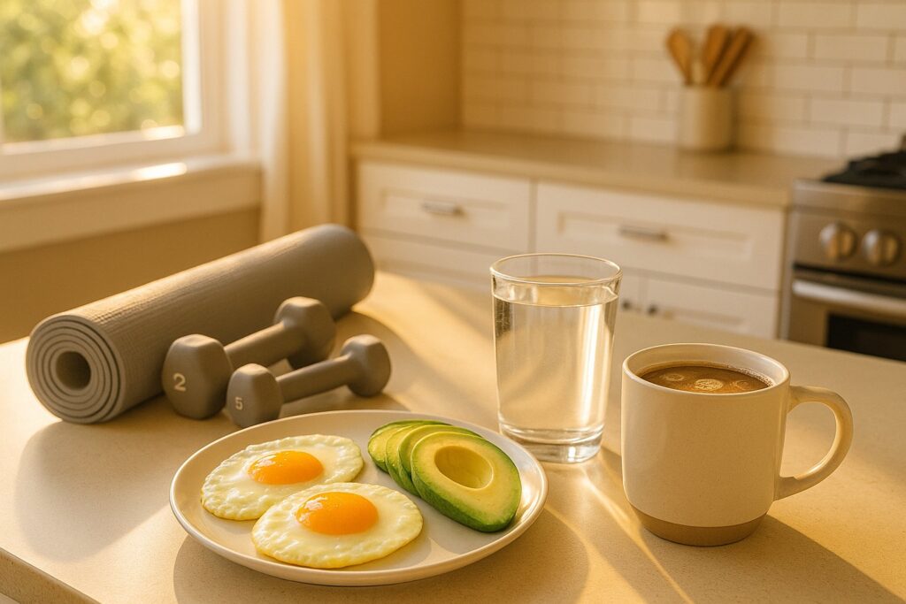 A bright, clean morning kitchen scene with sunlight coming through a window, featuring keto-friendly breakfast items like eggs, avocado, coffee with MCT oil, water with electrolytes, and fitness accessories such as a yoga mat. Modern, high-energy, motivational aesthetic.