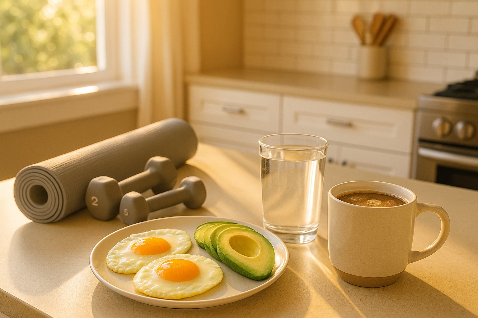 A bright, clean morning kitchen scene with sunlight coming through a window, featuring keto-friendly breakfast items like eggs, avocado, coffee with MCT oil, water with electrolytes, and fitness accessories such as a yoga mat. Modern, high-energy, motivational aesthetic.