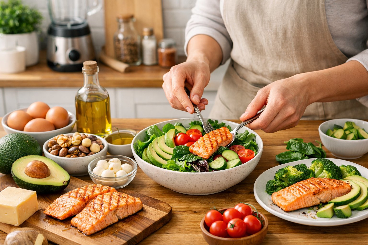 Hands preparing a healthy keto meal with fresh vegetables, salmon, and nuts on a wooden kitchen countertop.