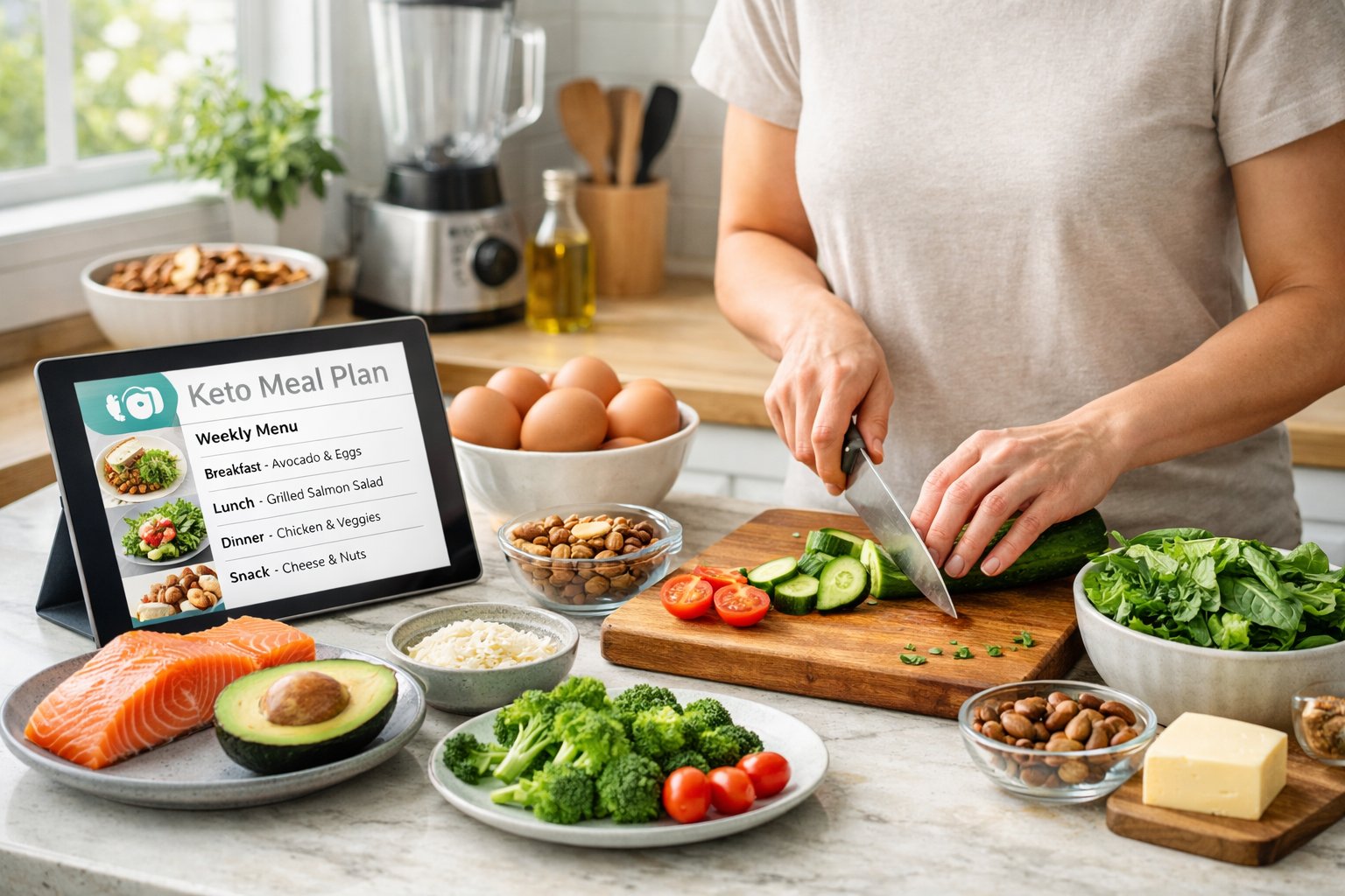 A person preparing fresh keto-friendly ingredients in a bright kitchen with a tablet showing a meal plan on the countertop.