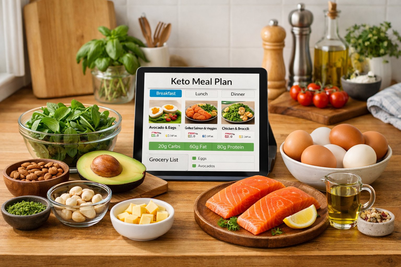 A kitchen countertop with fresh keto ingredients and a digital device showing a meal plan.