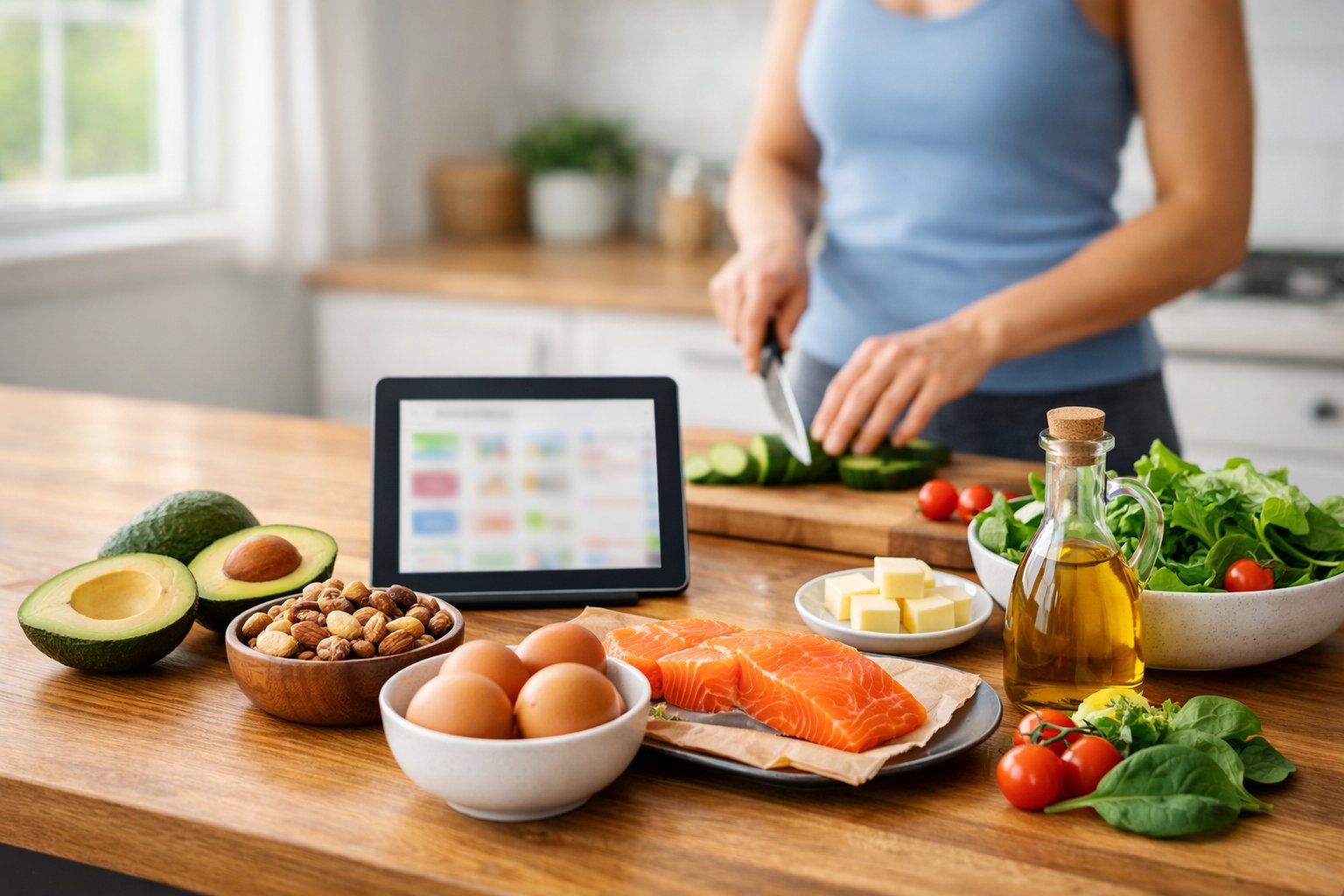 A person preparing a healthy meal in a bright kitchen with fresh keto-friendly foods like avocados, eggs, nuts, and salmon on the countertop.