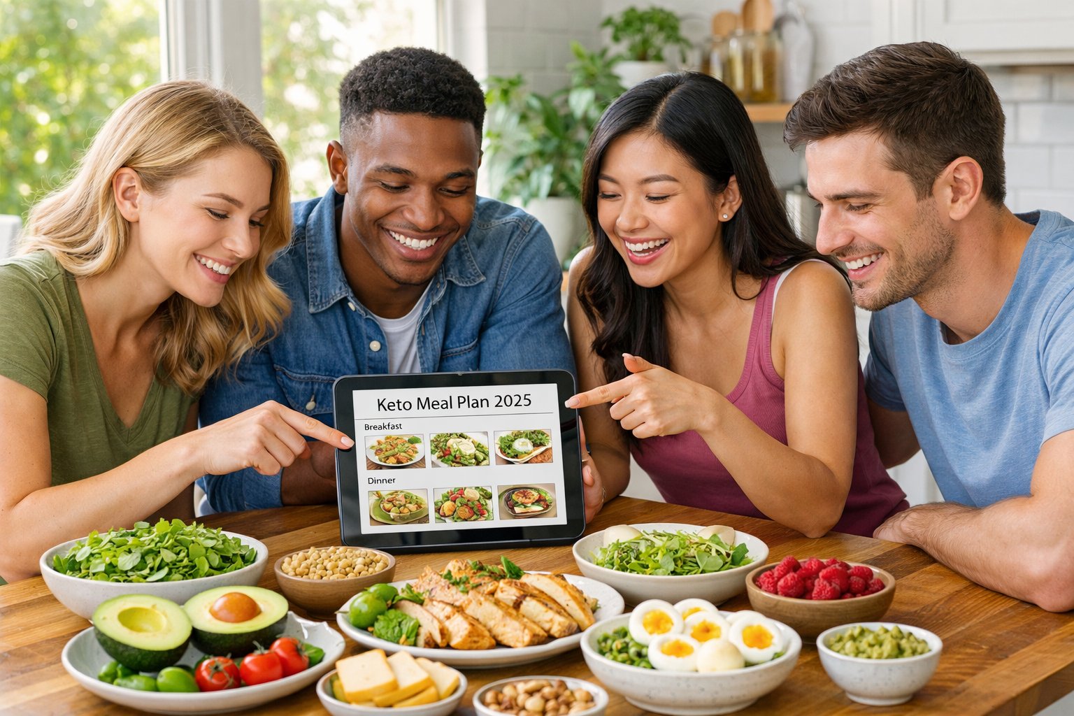 A group of young adults discussing keto-friendly foods around a kitchen table with fresh ingredients and a tablet.