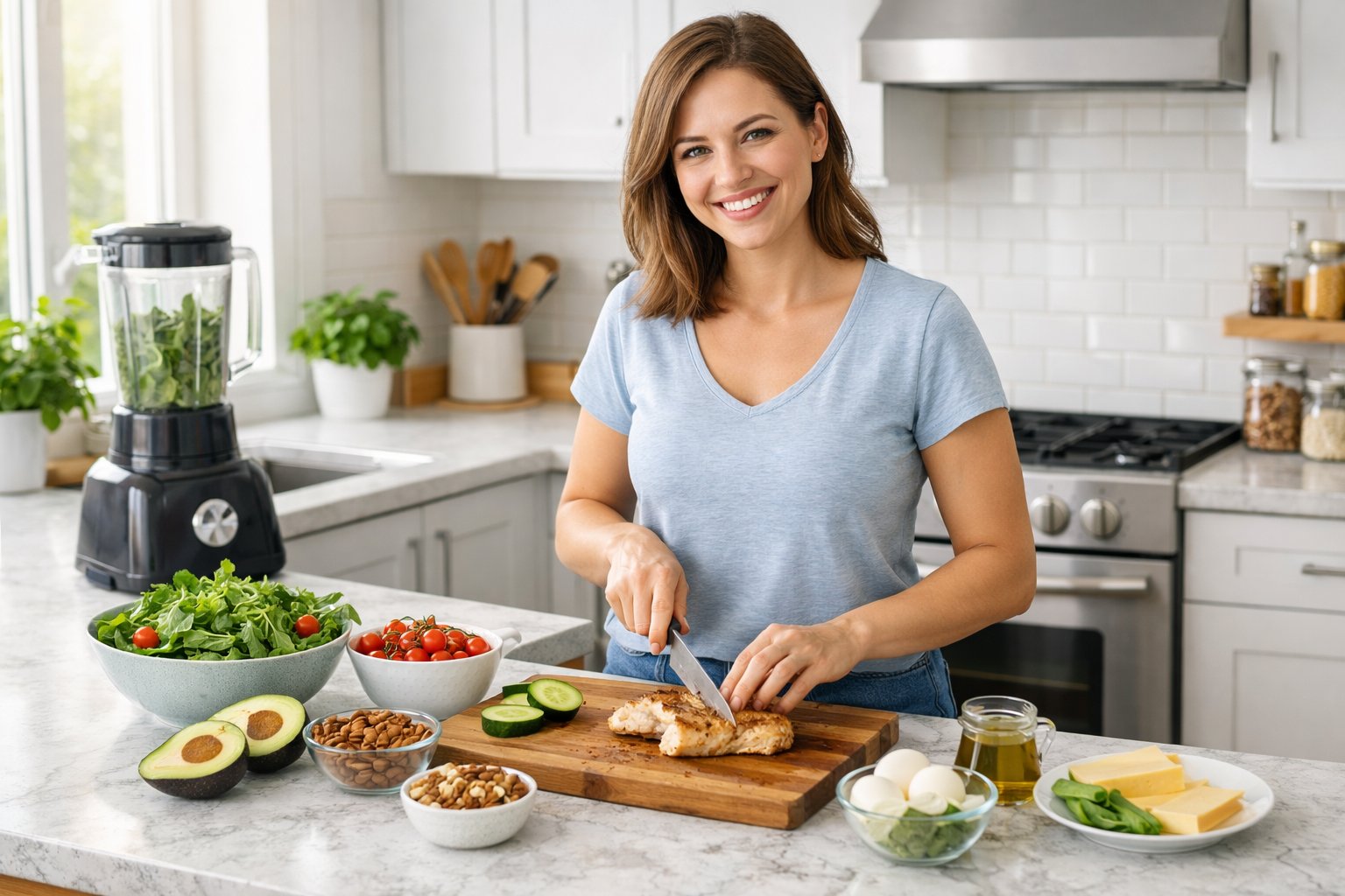 A young woman preparing a healthy meal in a bright kitchen with fresh vegetables and cooking tools.