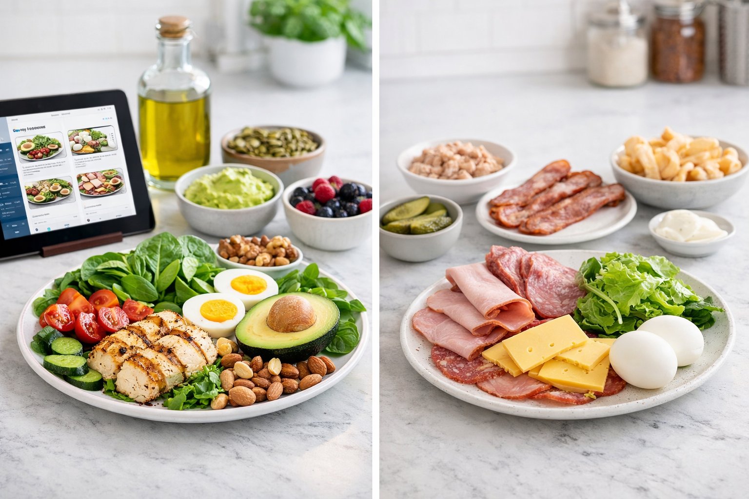A kitchen countertop displaying two different keto meal setups side by side, one with fresh, colorful ingredients and the other with simpler, less vibrant food items.