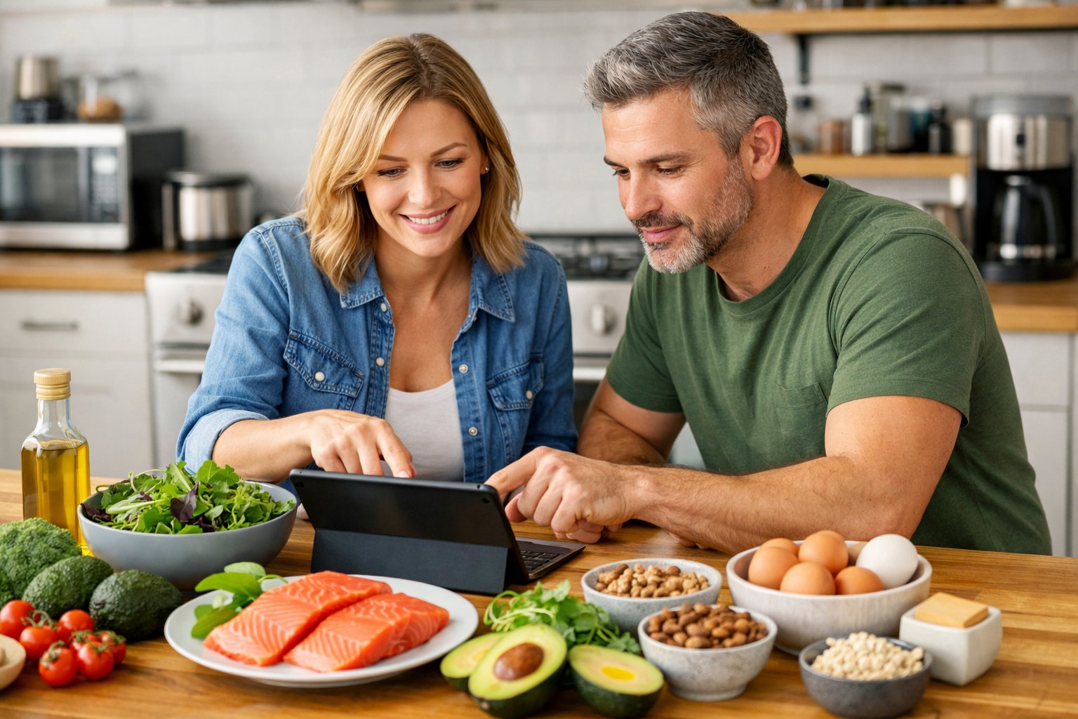 Two adults preparing fresh keto meals together in a modern kitchen, using a tablet to discuss meal plans.