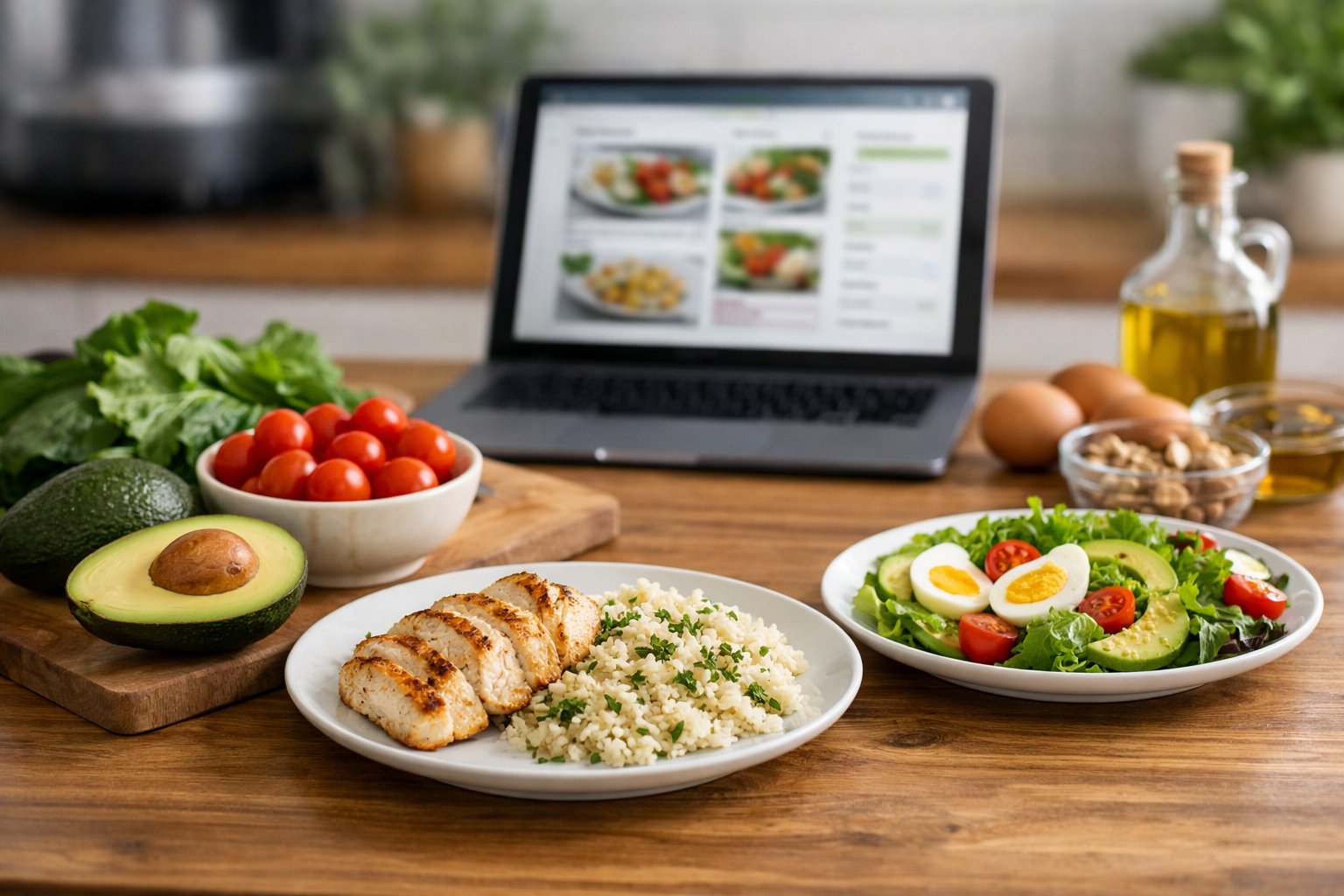 A modern kitchen countertop with fresh keto ingredients and cooked meals, alongside a blurred digital device displaying a meal planning app.