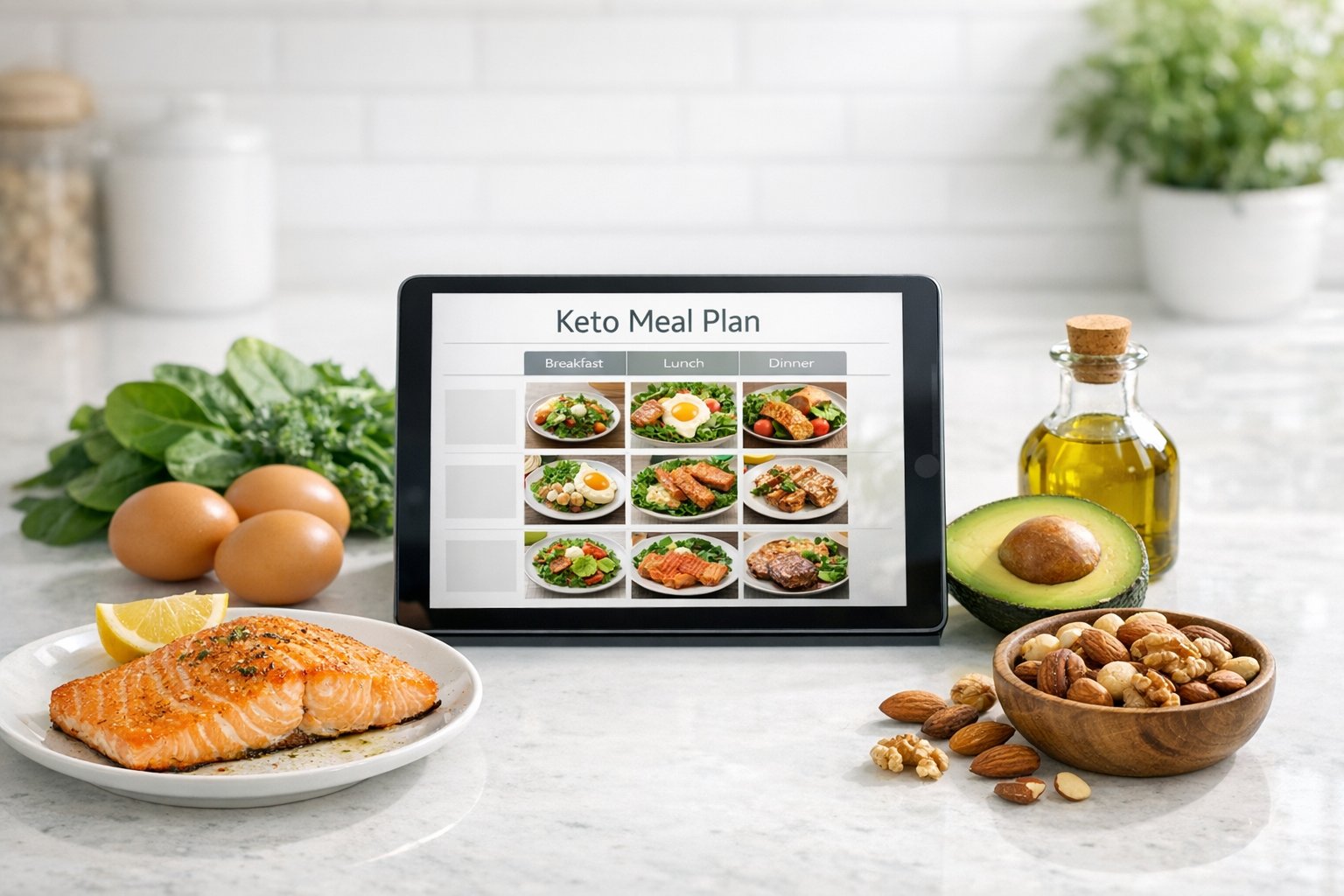 A bright, modern kitchen scene with a tablet displaying a keto meal plan, surrounded by fresh keto-friendly foods such as salmon, eggs, avocado, leafy greens, olive oil, and nuts. Clean, minimal composition, natural lighting, realistic food textures, no text overlay, no people’s faces visible, professional health and nutrition style, suitable for a beginner-friendly keto meal planning article.