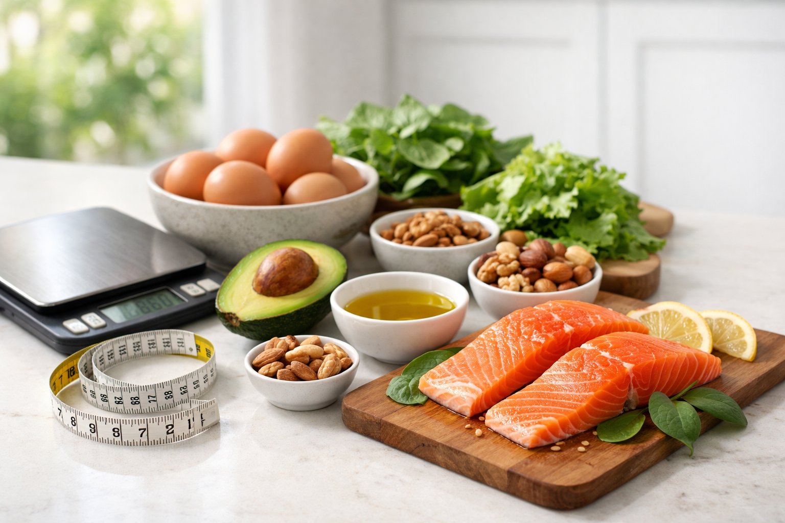 A kitchen countertop with fresh keto foods like avocados, eggs, nuts, leafy greens, and salmon, alongside a kitchen scale and measuring tape.
