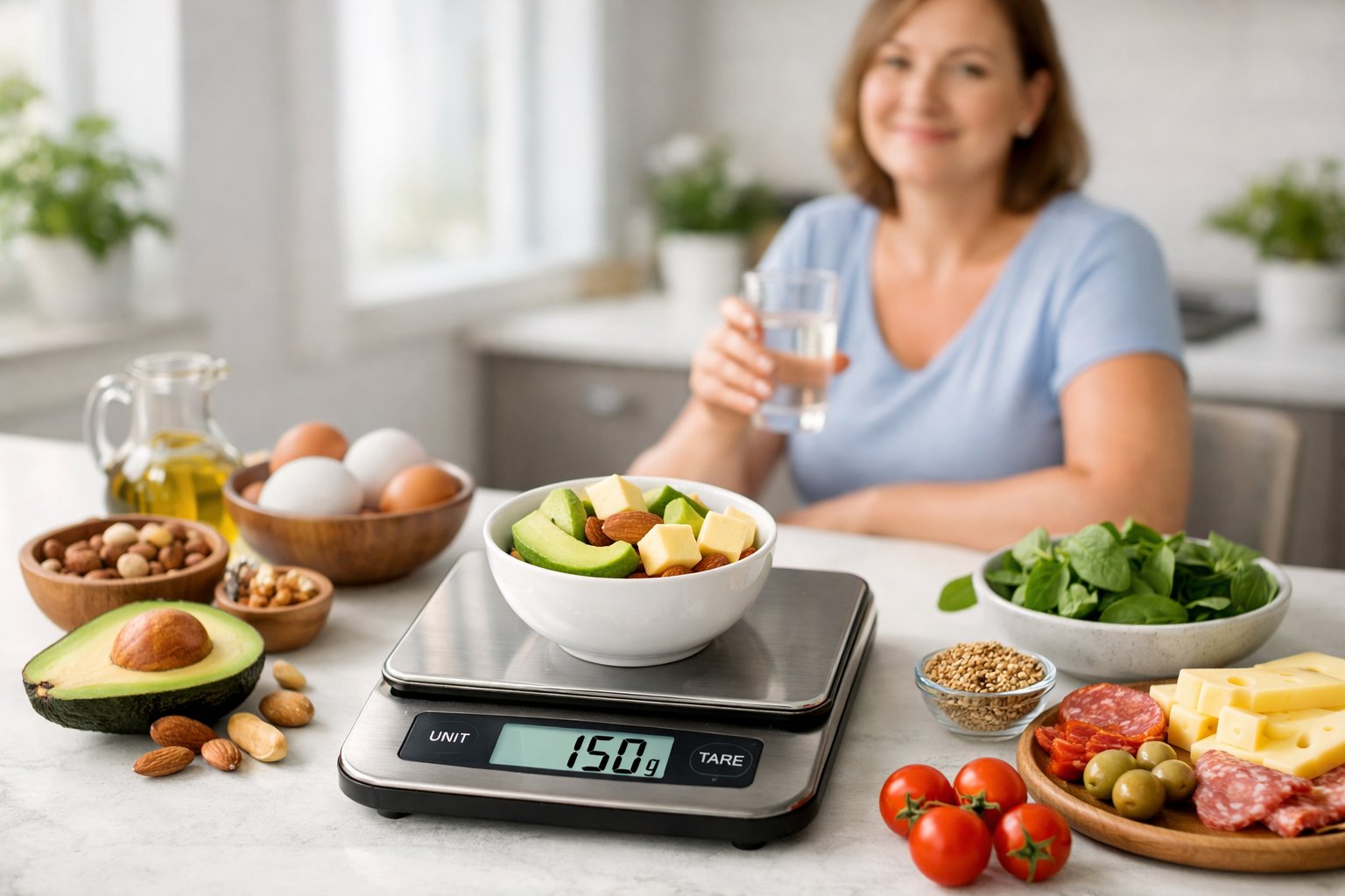 A person sitting at a kitchen table with keto-friendly foods like avocados, eggs, and nuts displayed on the countertop.