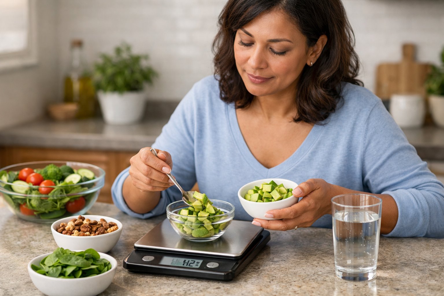 Can you lose weight on keto without exercise? A person preparing a healthy keto meal in a bright kitchen, measuring ingredients on a scale.