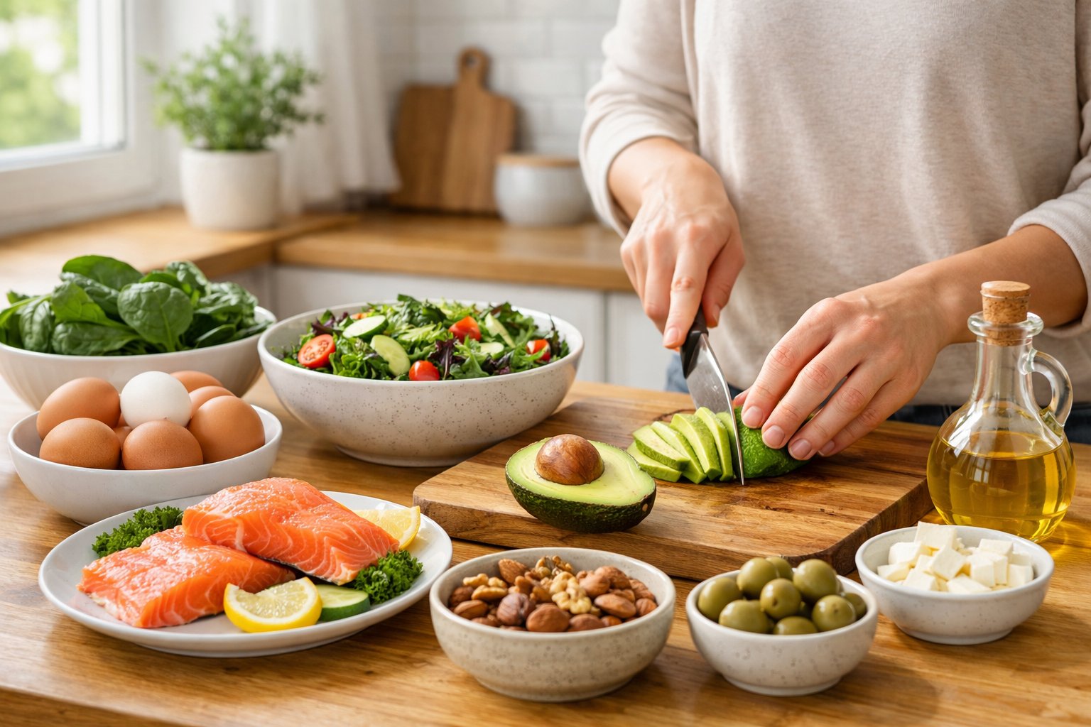 Hands preparing a fresh keto meal with avocado, eggs, nuts, and leafy greens on a kitchen countertop.