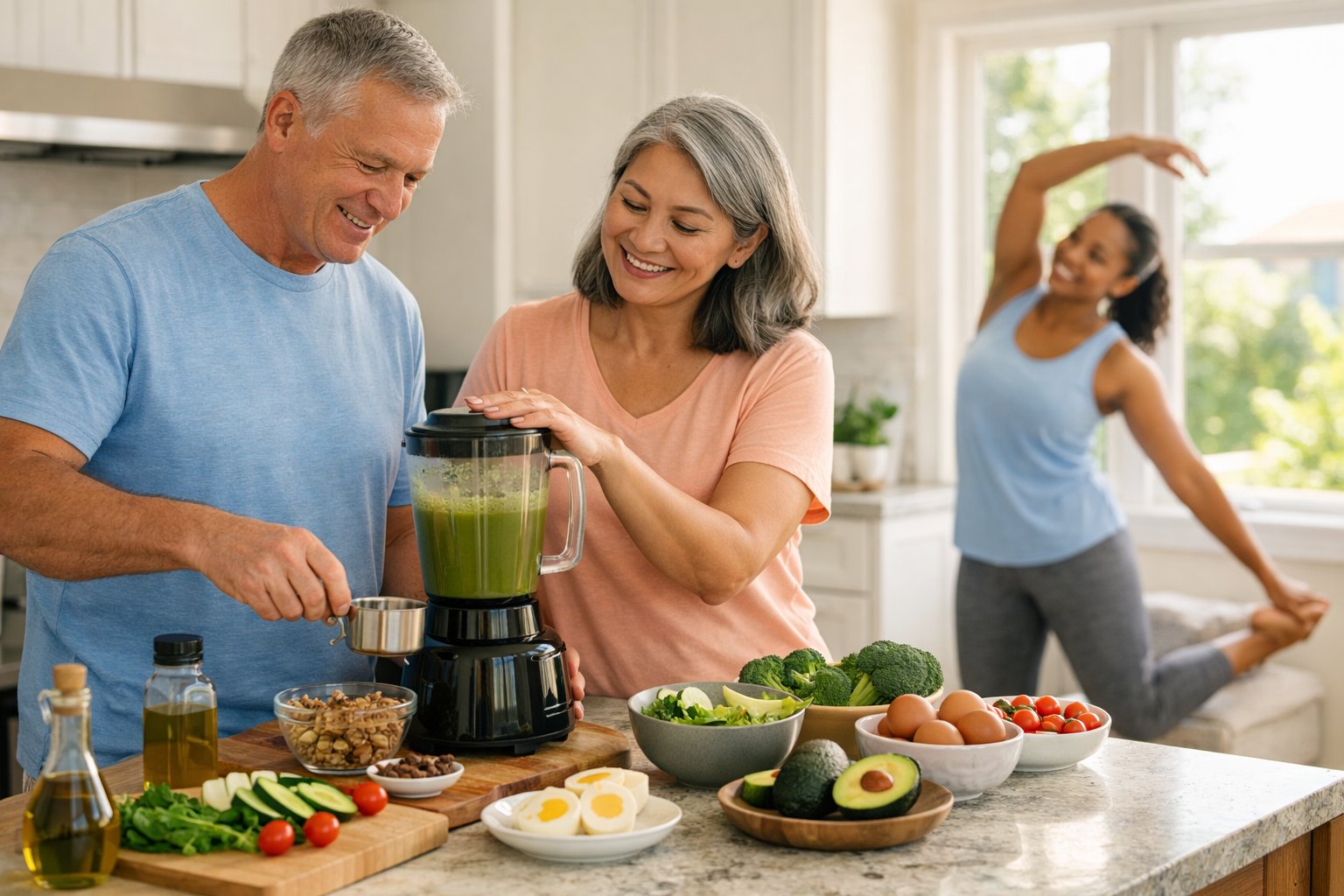 A group of adults preparing healthy keto meals in a bright kitchen with fresh ingredients and a person gently stretching in the background.