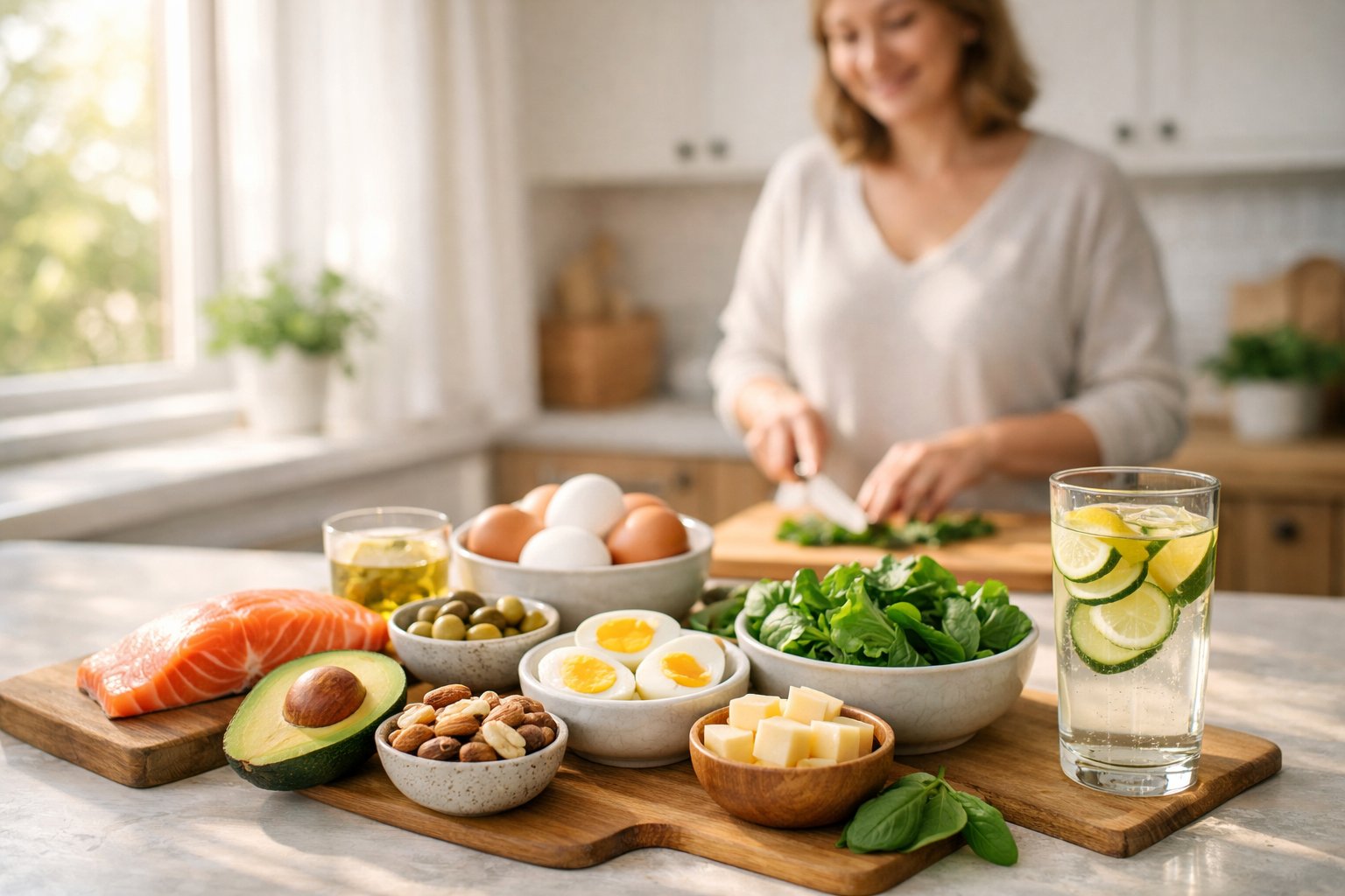 A person preparing a healthy keto meal in a bright kitchen with fresh vegetables, eggs, nuts, and salmon on the countertop.