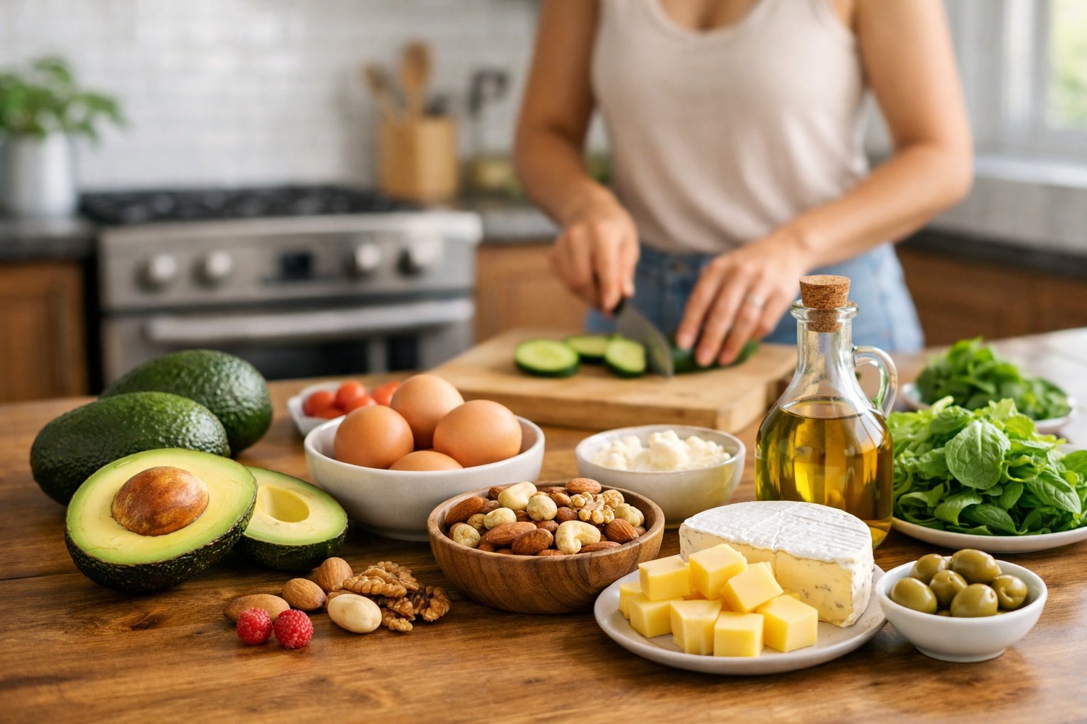 A person preparing a meal in a kitchen with keto-friendly foods like avocados, eggs, and leafy greens on the counter.