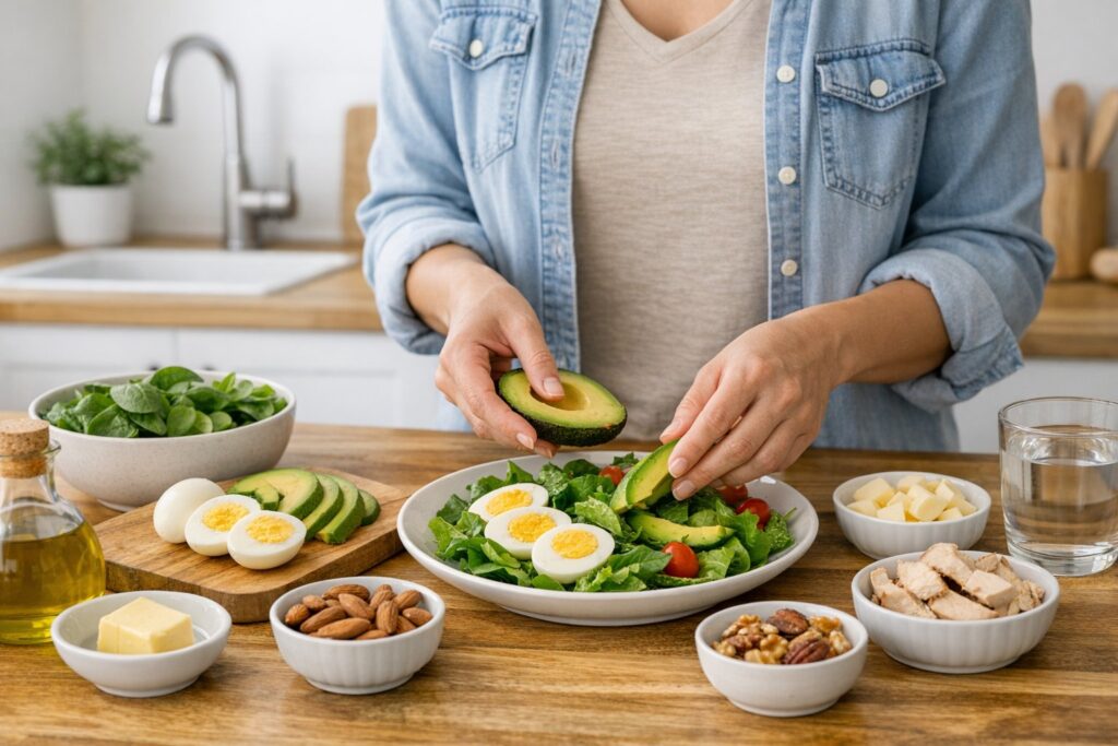 Realistic lifestyle image of an adult preparing a simple keto meal at home, calm lighting, minimal kitchen setting, representing sustainable weight loss without exercise.