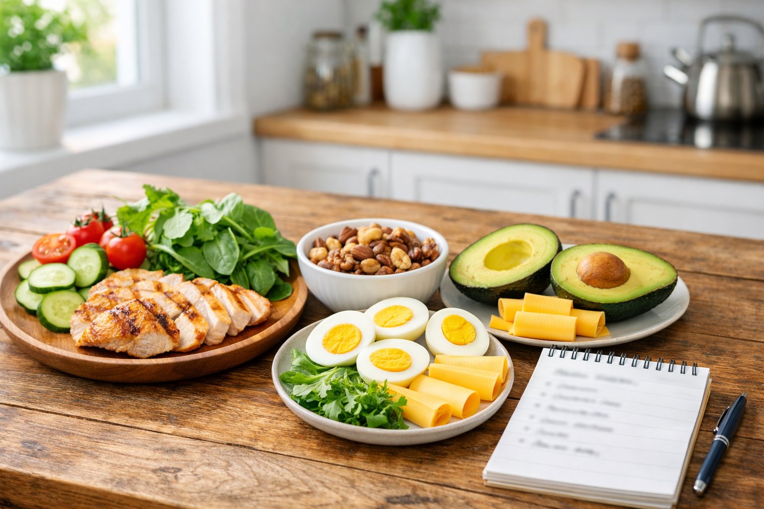 Best Keto Meal Plan for Beginners, a kitchen table with a variety of fresh keto-friendly foods like avocado, eggs, grilled chicken, greens, nuts, and cheese, set in a bright modern kitchen.