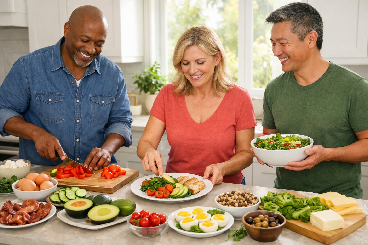 Three adults preparing fresh keto meals together in a bright kitchen with colorful vegetables and proteins on the countertop.