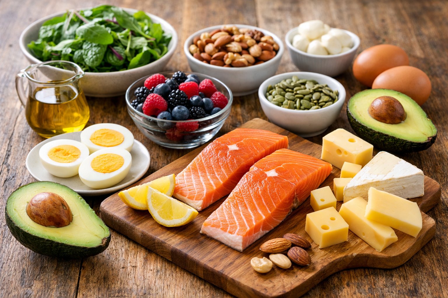 A wooden table with a variety of fresh keto-friendly foods including avocados, eggs, leafy greens, nuts, salmon, cheese, olive oil, berries, and seeds.