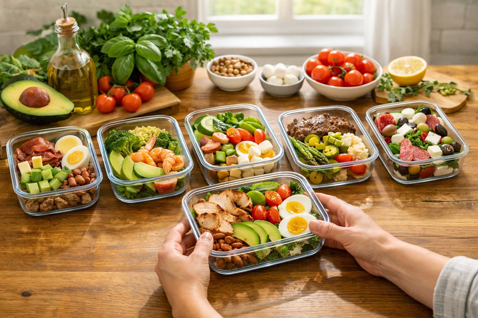 A kitchen table with seven containers of fresh keto meals including chicken, avocado, eggs, and greens, with fresh ingredients nearby and a person arranging the meals.
