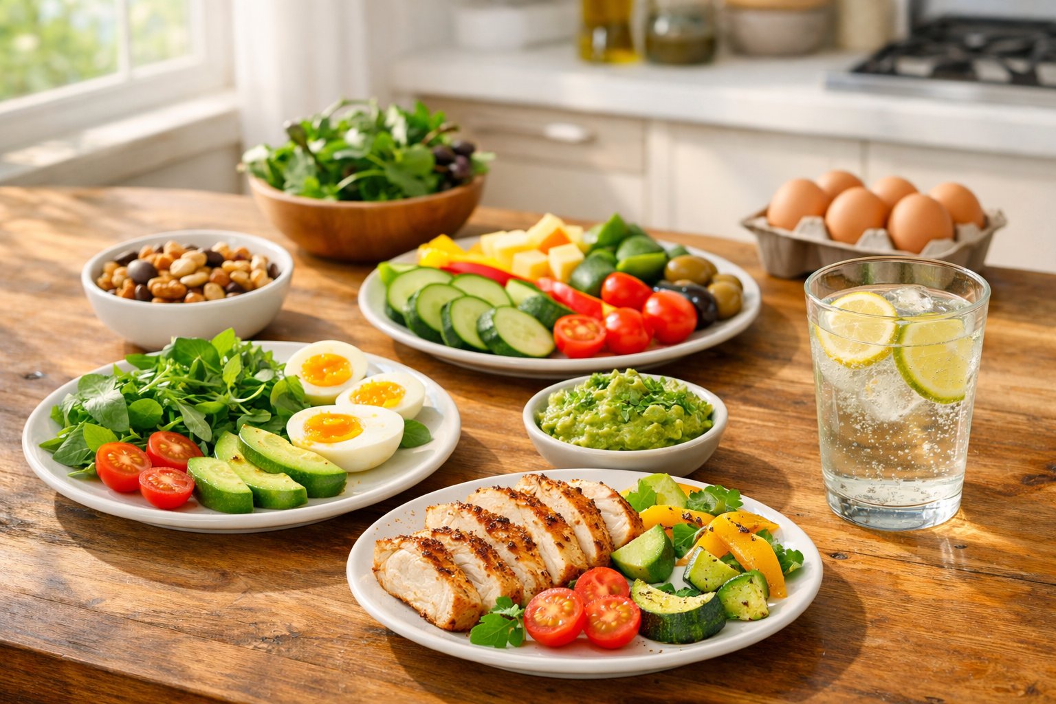 A kitchen table with various keto-friendly meals and snacks including grilled chicken, avocado, eggs, nuts, and vegetables, lit by natural sunlight.