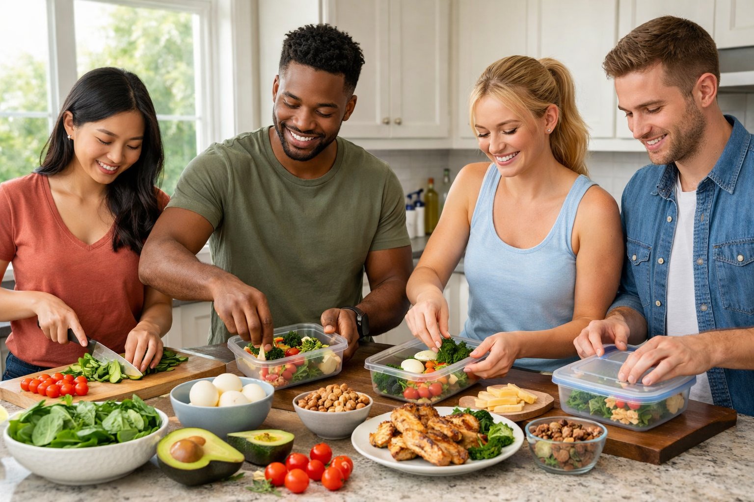People preparing fresh keto meals together in a bright kitchen with various low-carb ingredients on the counter.