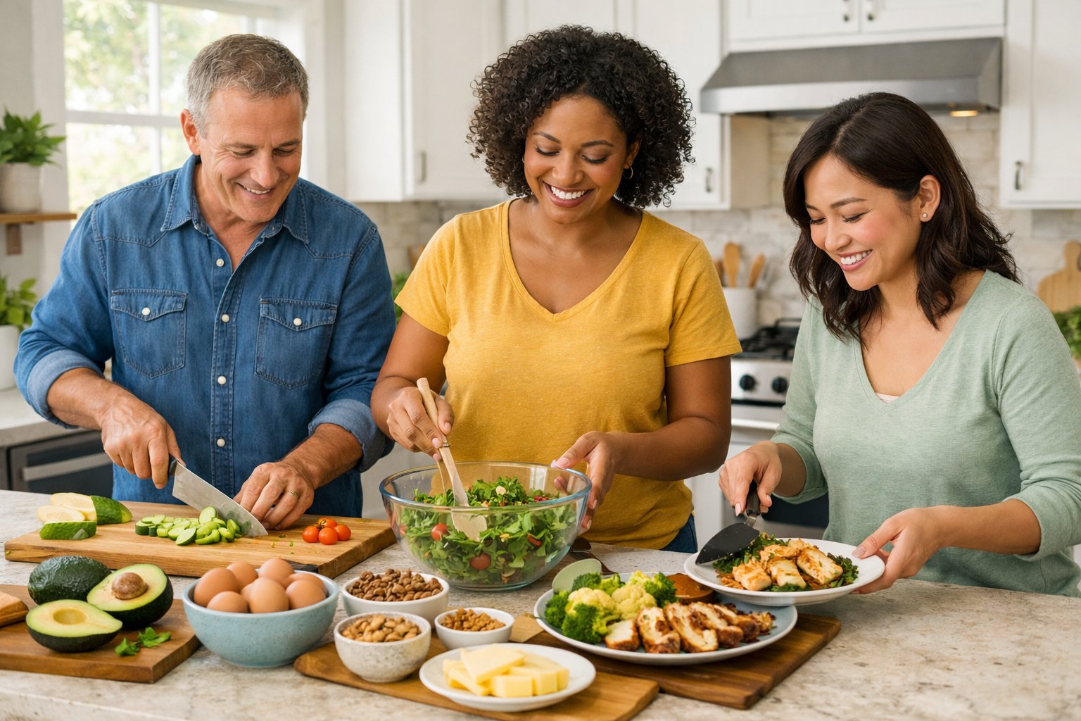 Three adults preparing a healthy keto meal together in a bright kitchen with fresh ingredients on the counter.