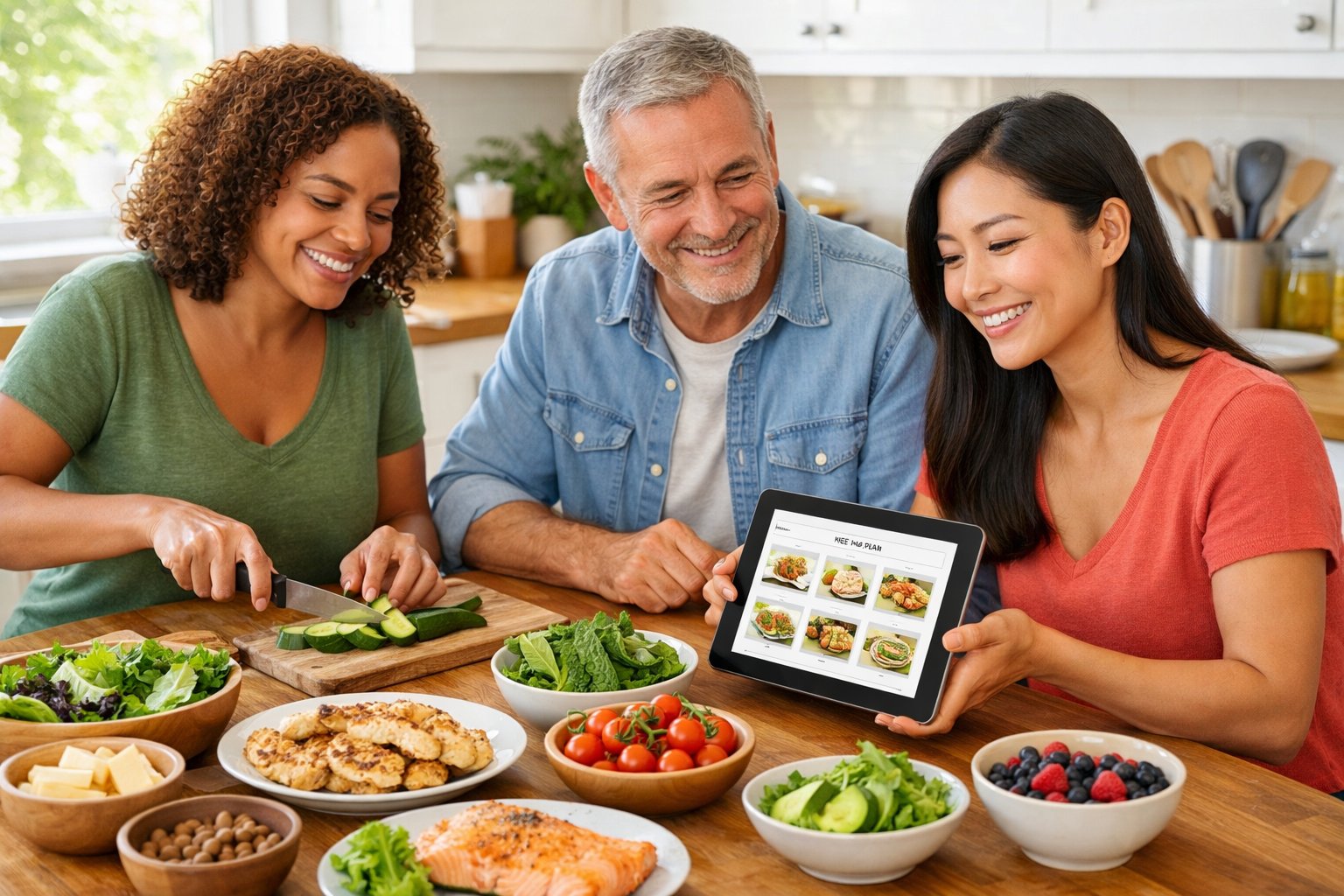 Three adults preparing a fresh keto meal together in a bright kitchen, surrounded by vegetables and cooked proteins.