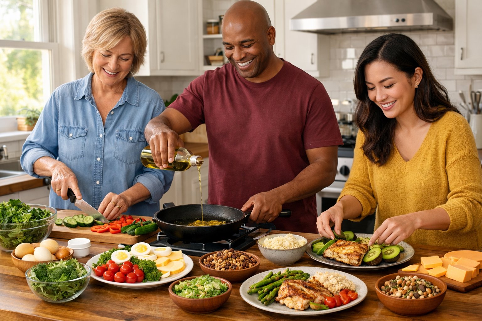 Three adults preparing keto meals together in a bright kitchen with fresh vegetables and cooked dishes on the countertop.