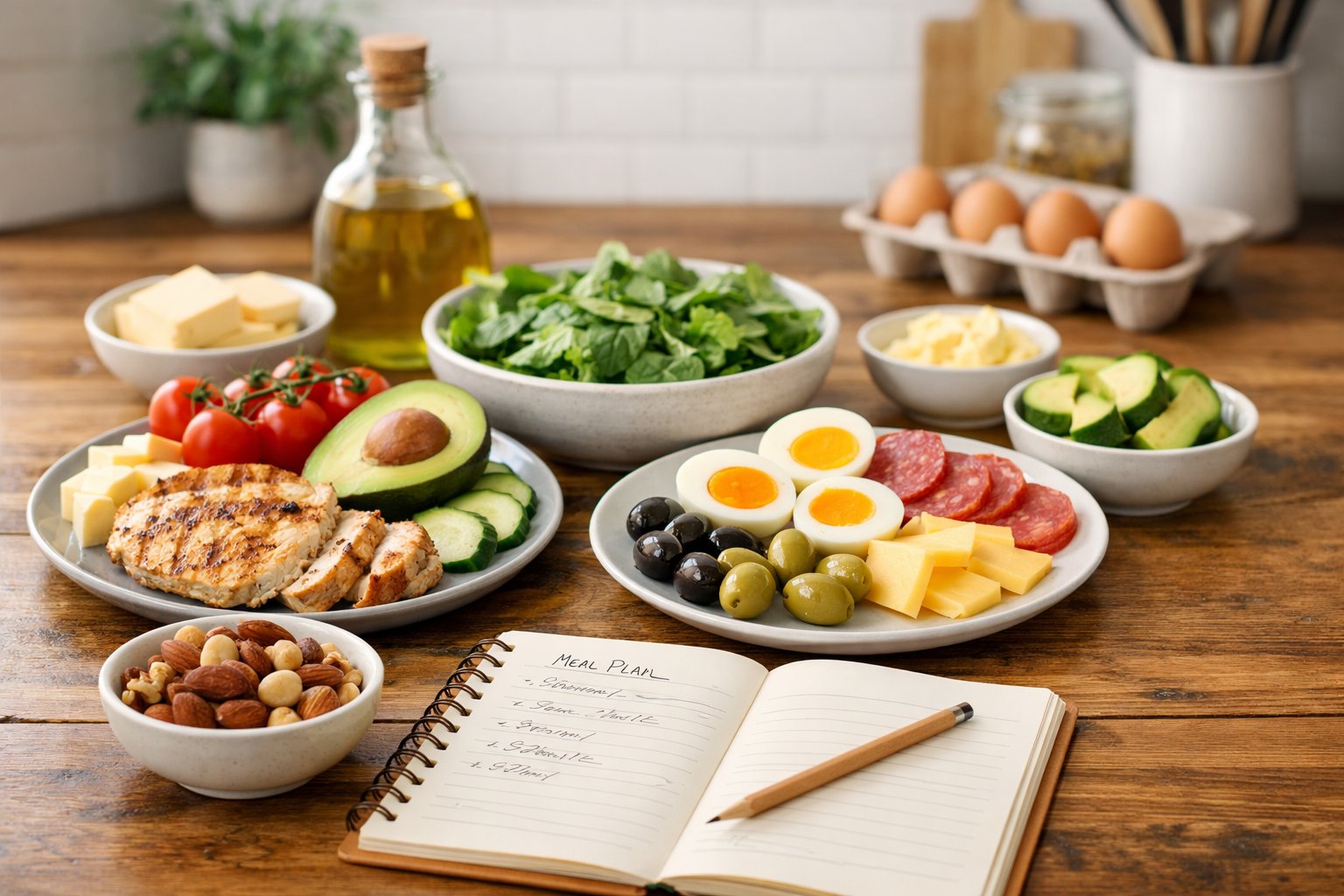A kitchen table with fresh keto-friendly foods like avocados, eggs, nuts, greens, and grilled chicken arranged alongside a meal plan notebook in a modern kitchen.