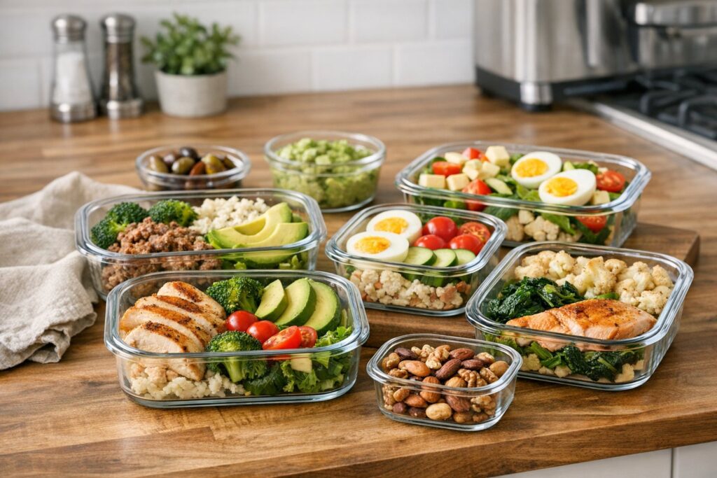 Realistic lifestyle image of simple keto meals prepared in advance for a beginner, clean kitchen setting, natural lighting, no text overlays.