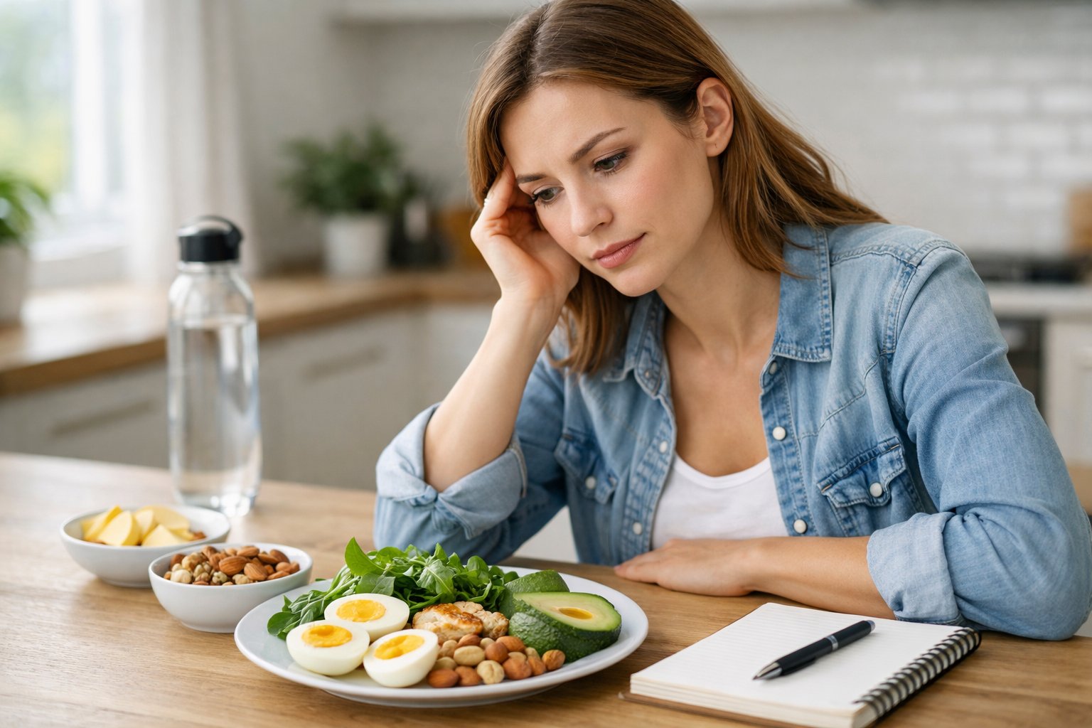 Why is keto hard to stick to, a young woman sitting at a kitchen table with a keto meal and a notebook, looking thoughtful and focused.