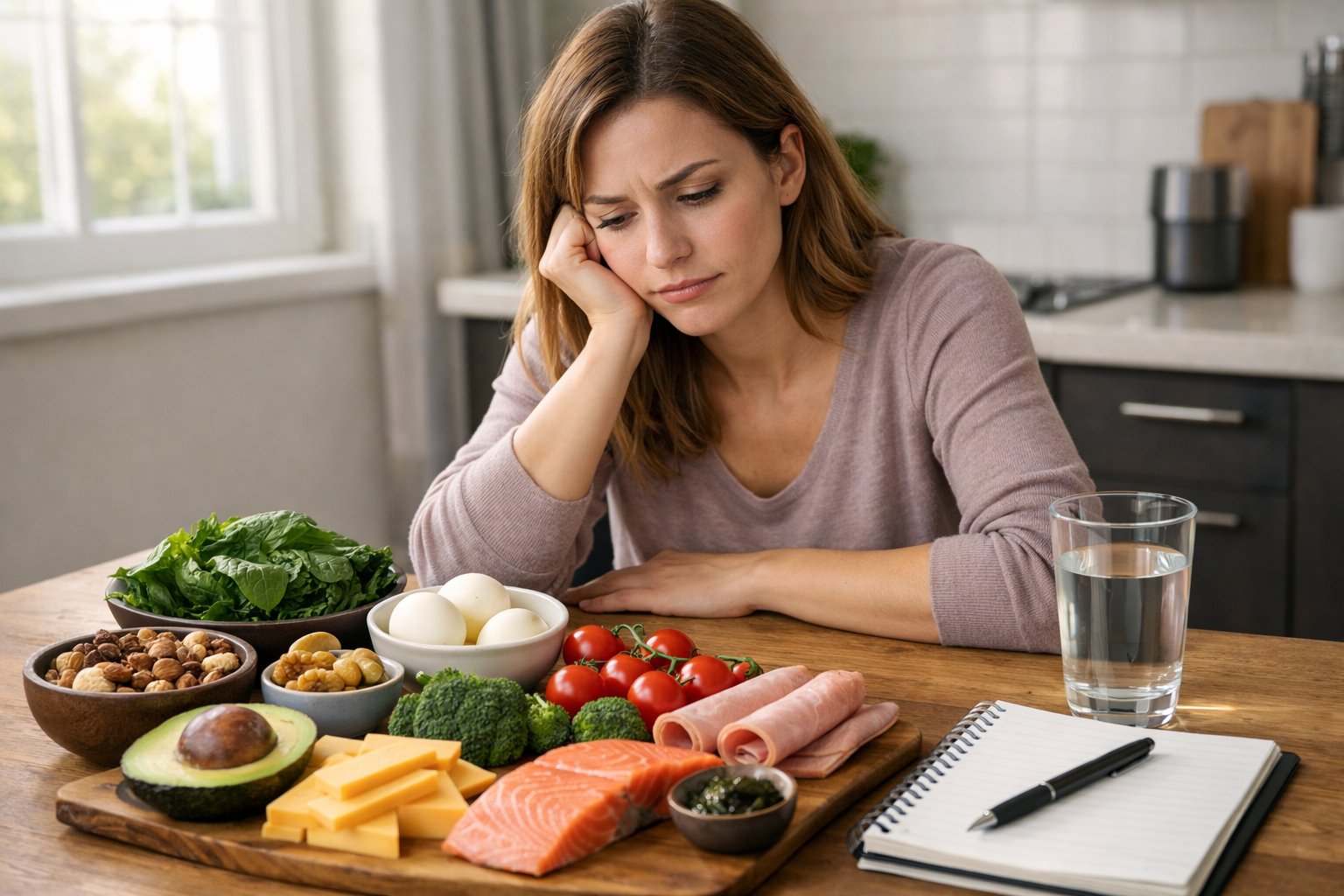 A young woman sitting at a kitchen table looking thoughtfully at various keto diet foods spread out in front of her.