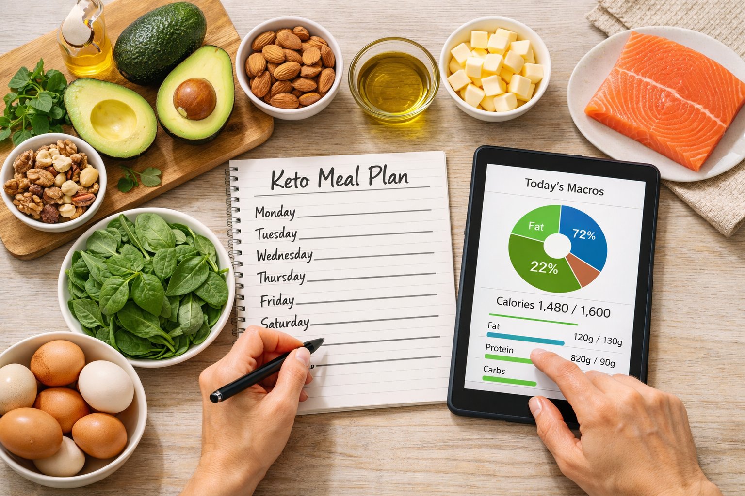 Hands planning a keto meal with fresh ingredients and a nutrition app on a kitchen table.