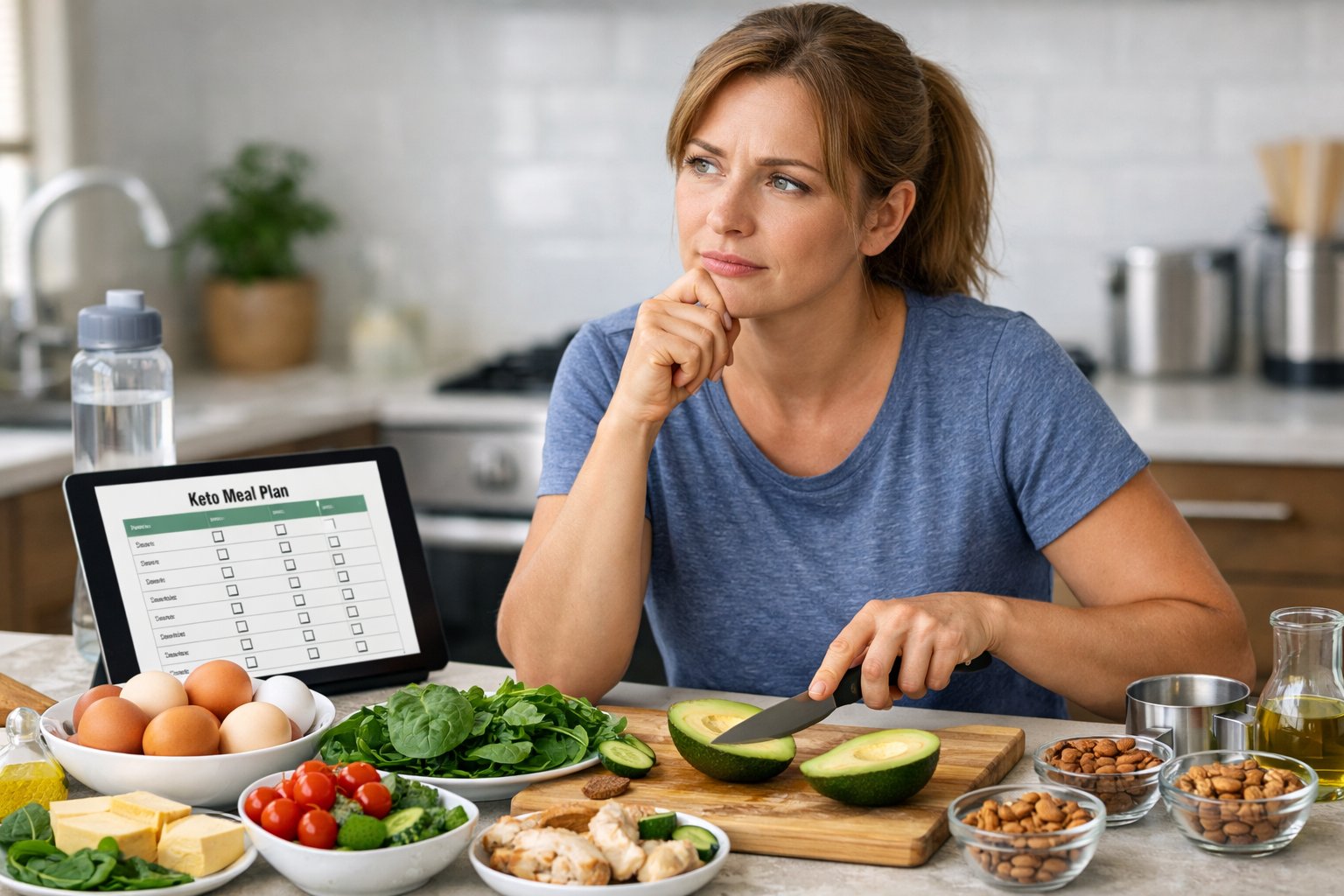 A person preparing a keto meal in a kitchen with fresh ingredients and a meal plan on the counter, looking thoughtful.