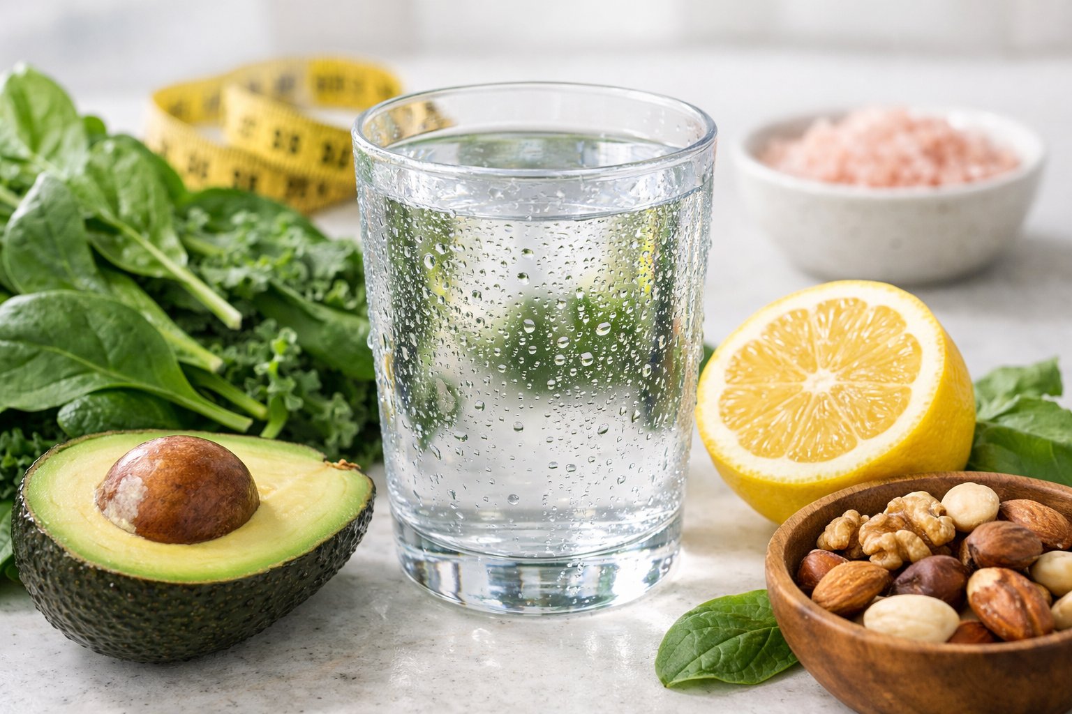 A glass of water with condensation surrounded by avocado, leafy greens, nuts, lemon slices, a measuring tape, and a bowl of pink salt on a kitchen countertop.