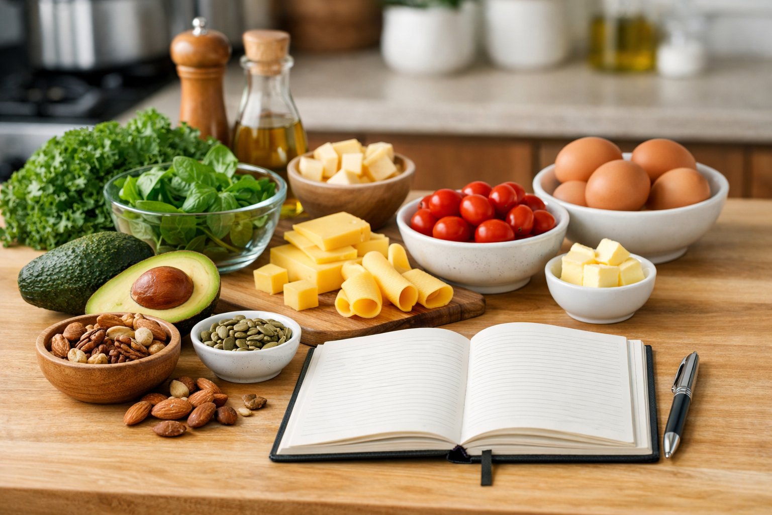 A kitchen countertop with fresh keto ingredients and an open meal planner, showing organized preparation for keto meals.